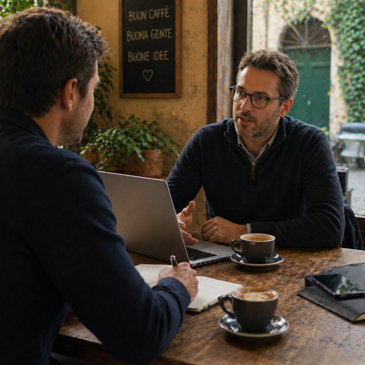 Two professionals collaborating over coffee in a friendly, cosy cafe.