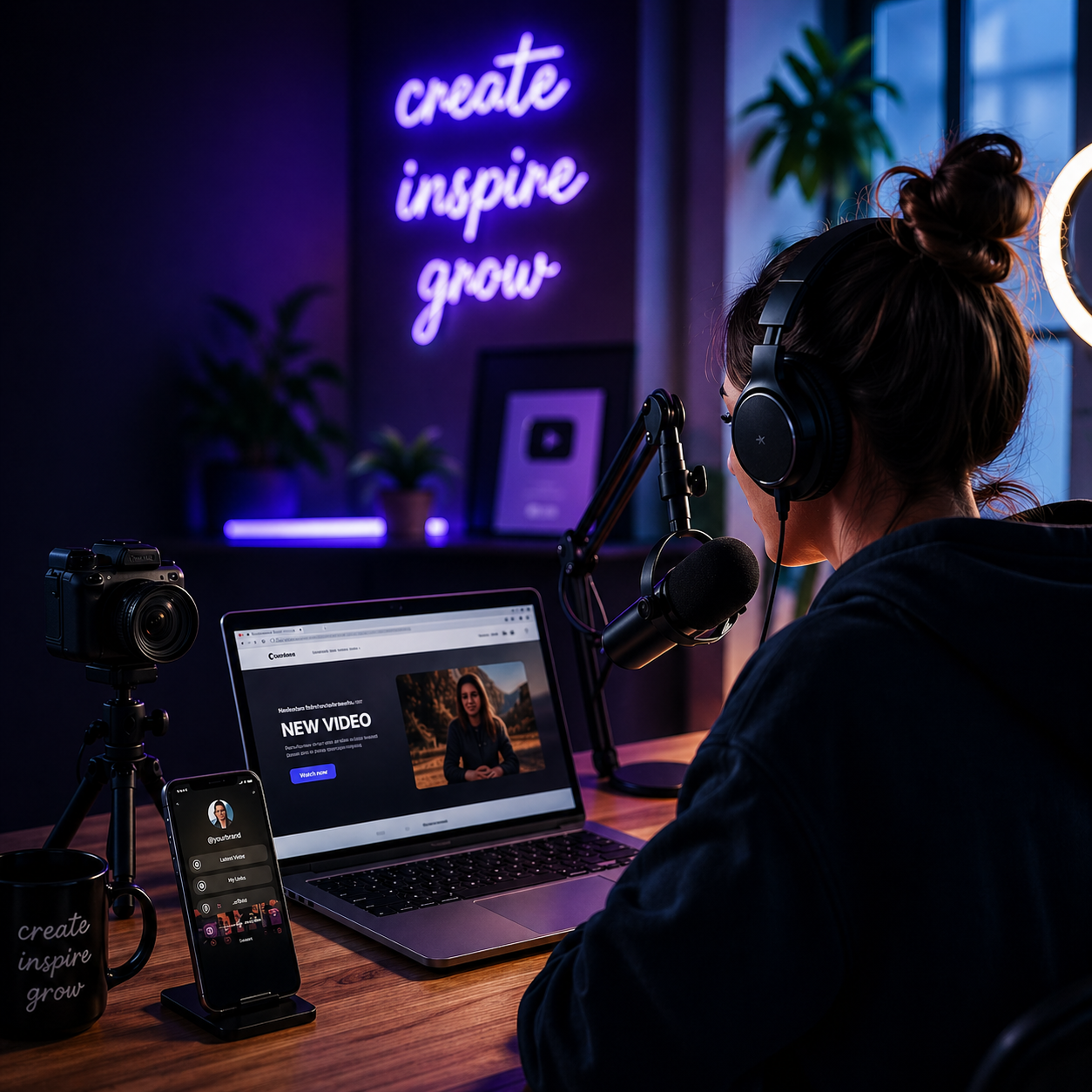 A content creator working at a desk with a professional creator setup.