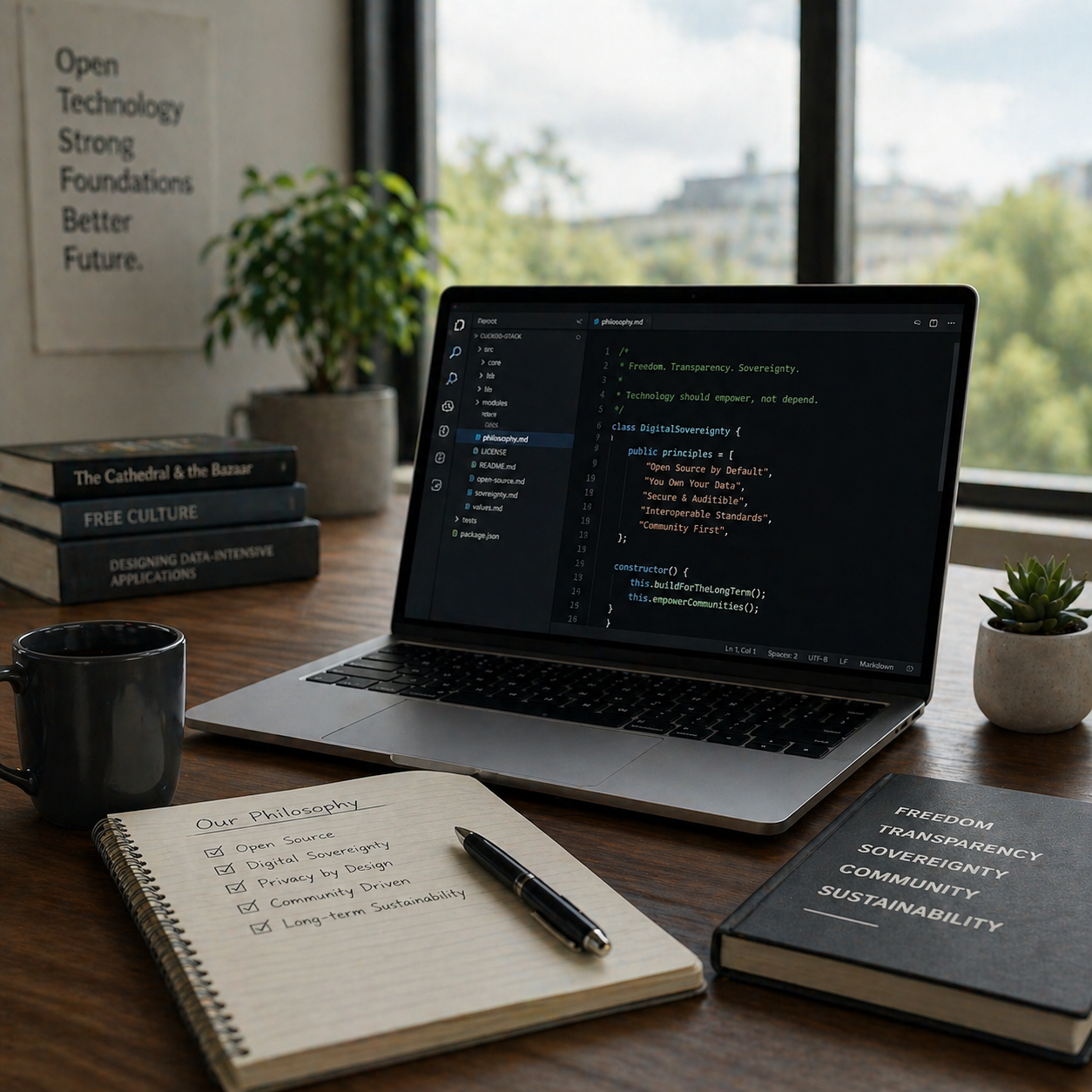 Core values are visible on written notes, a laptop screen, a whiteboard, and the spines of reference books displayed on the desk.