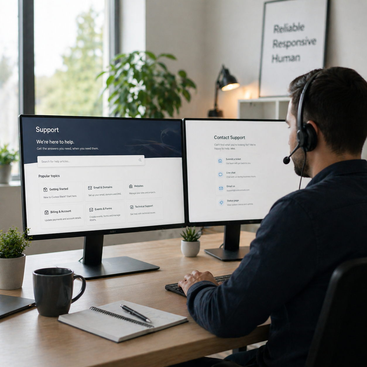 A support agent guides a client by telephone and remote support, while a knowledgebase is visible on-screen.