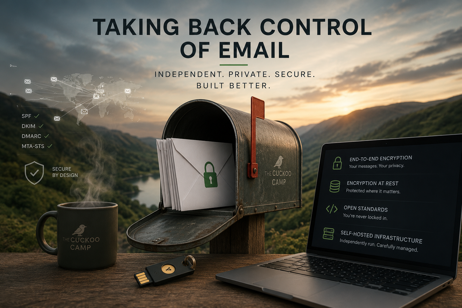 A professional email setup on a laptop, with a domain name and modern webmail visible on screen.
